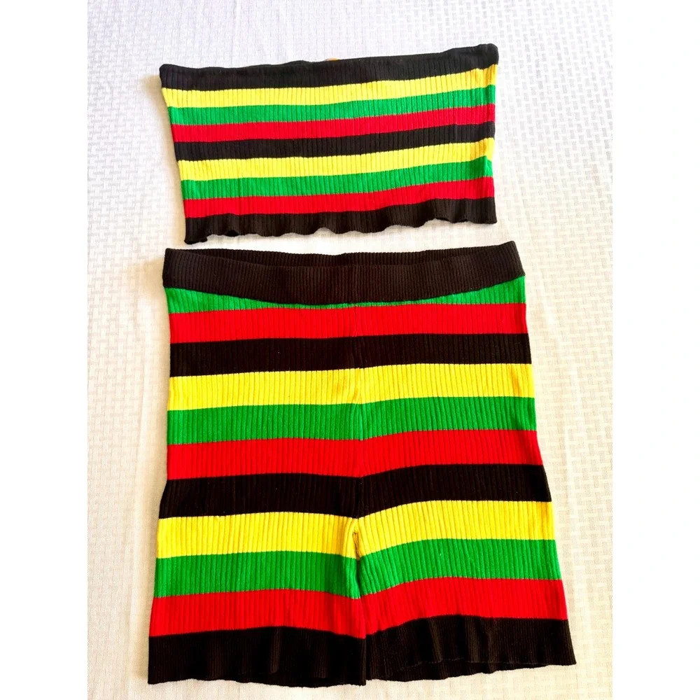 Highlight Rasta Striped Knit Two Piece Set Tube Top Shorts Plus Size 3X 4X Red